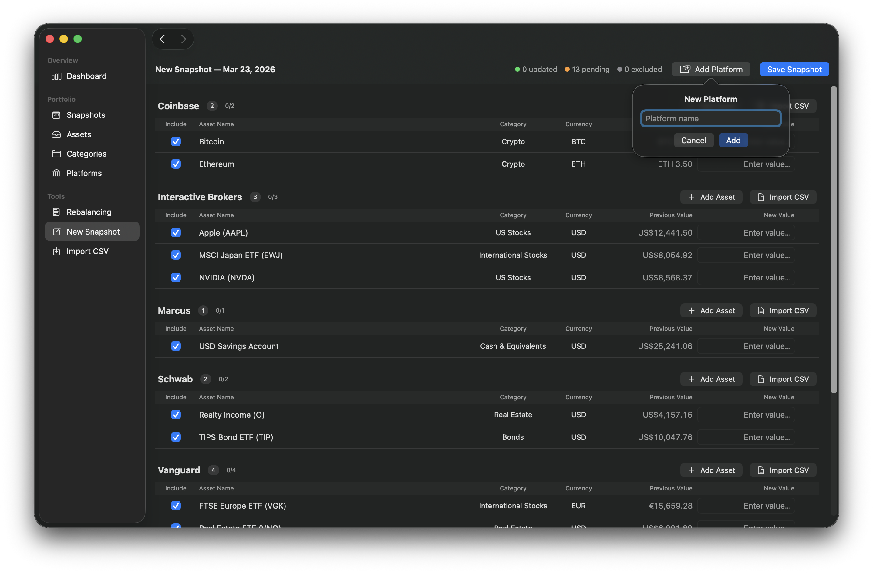 Add Platform popover