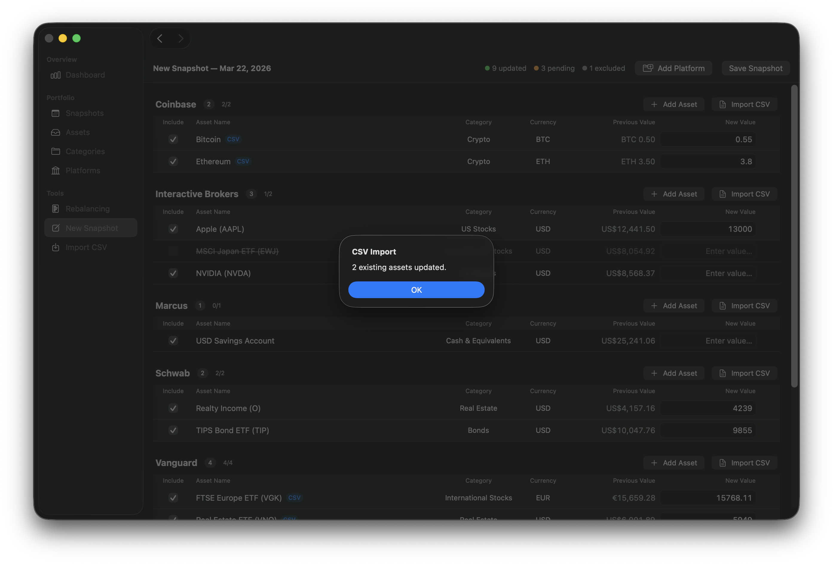CSV import result